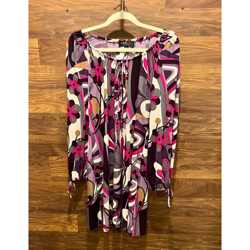 ABS by Allen Schwartz Shift Dress 60's Style Print Mini Dress Long Sleeve Medium